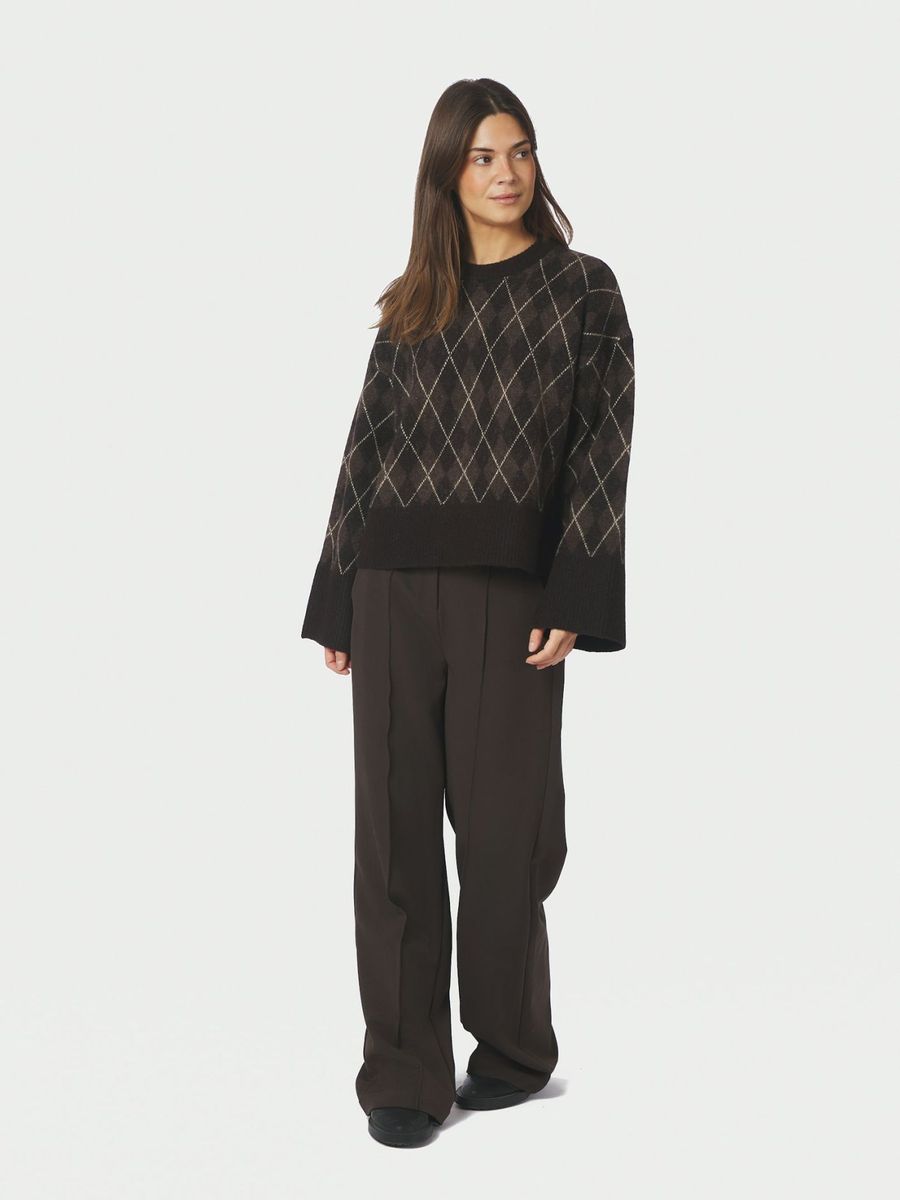 Kick Check Knit Blouse Dark Brown